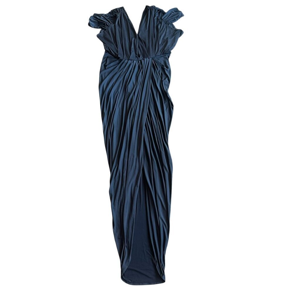 Pia Gladys Perey Dionne Dress Stretch Grey Gathered High Slit Fitted Size Large